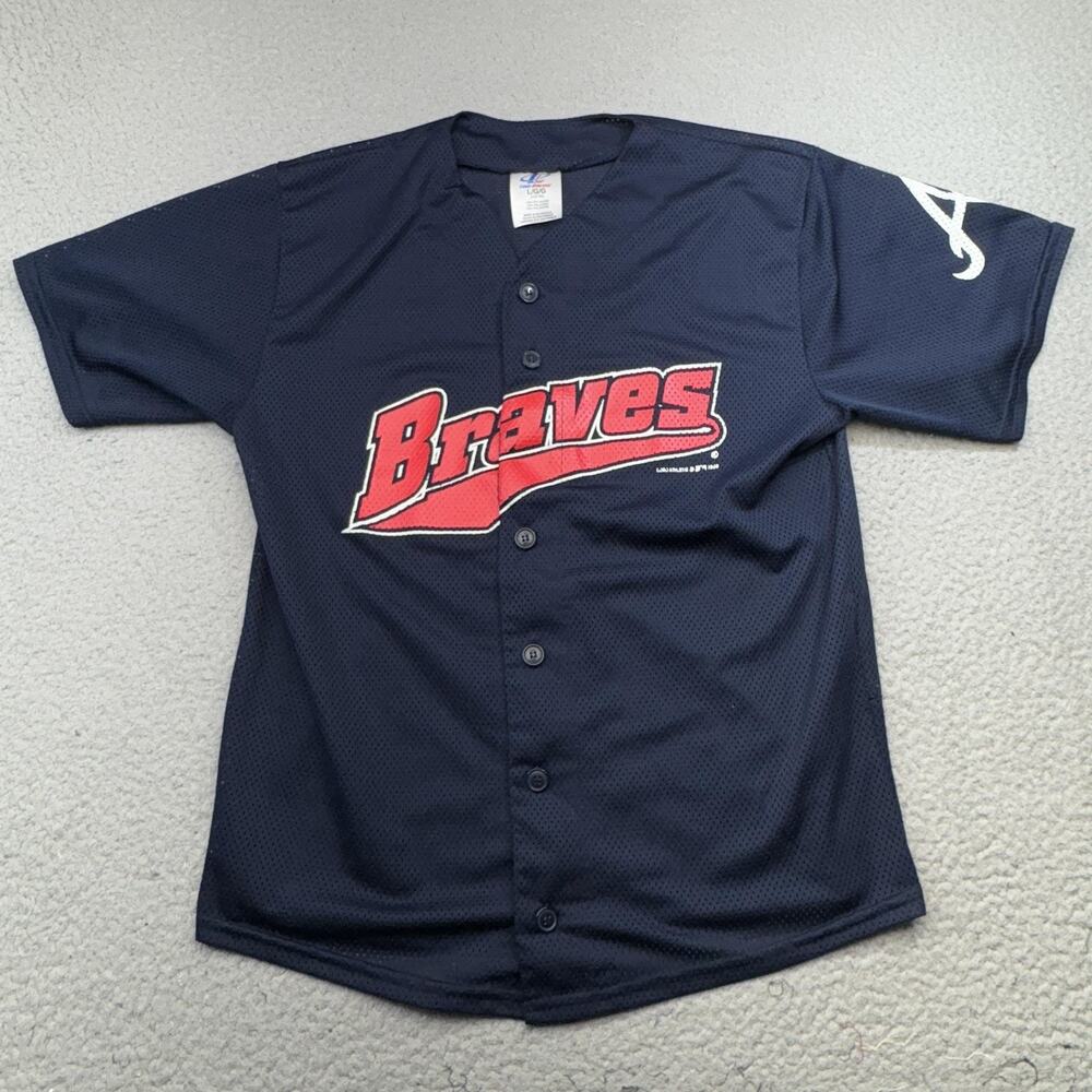 Atlanta Braves Jersey Shirt Boys Large Blue MLB Baseball Logo Athletic Polyester